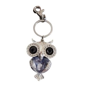 BEJEWELED Owl Bobblehead Keychain Silvertone Metal Rhinestone Bag Clip